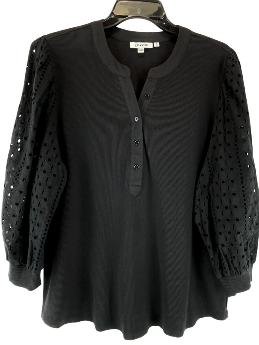Chico's Black Rib-Knit Henley Top Puffed Eyelet Sleeve Mixed Media Black 3 / XL